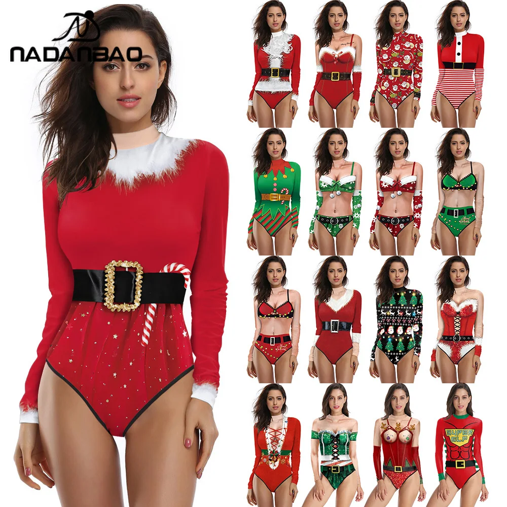 NADANBAO Santa Claus Snowflake Pattern Bodysuit Women 3D Print Christmas Swimwear Xmas Party Romper Long Sleeve Zentai Suit