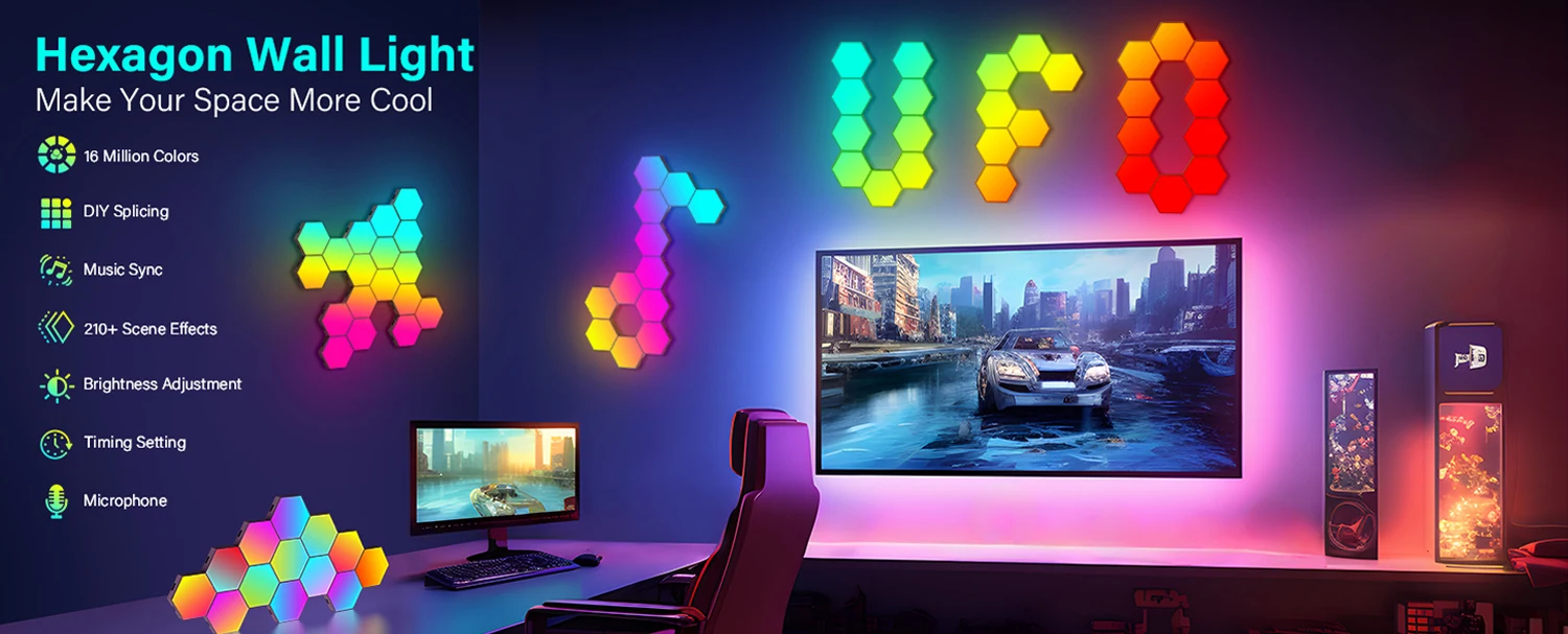 20/12/8 Pack Hexagon Lights Wall RGB Panel Smart APP Hexagonal Modular Gaming Light Music Sync Honeycomb Shape Hexagonl Light