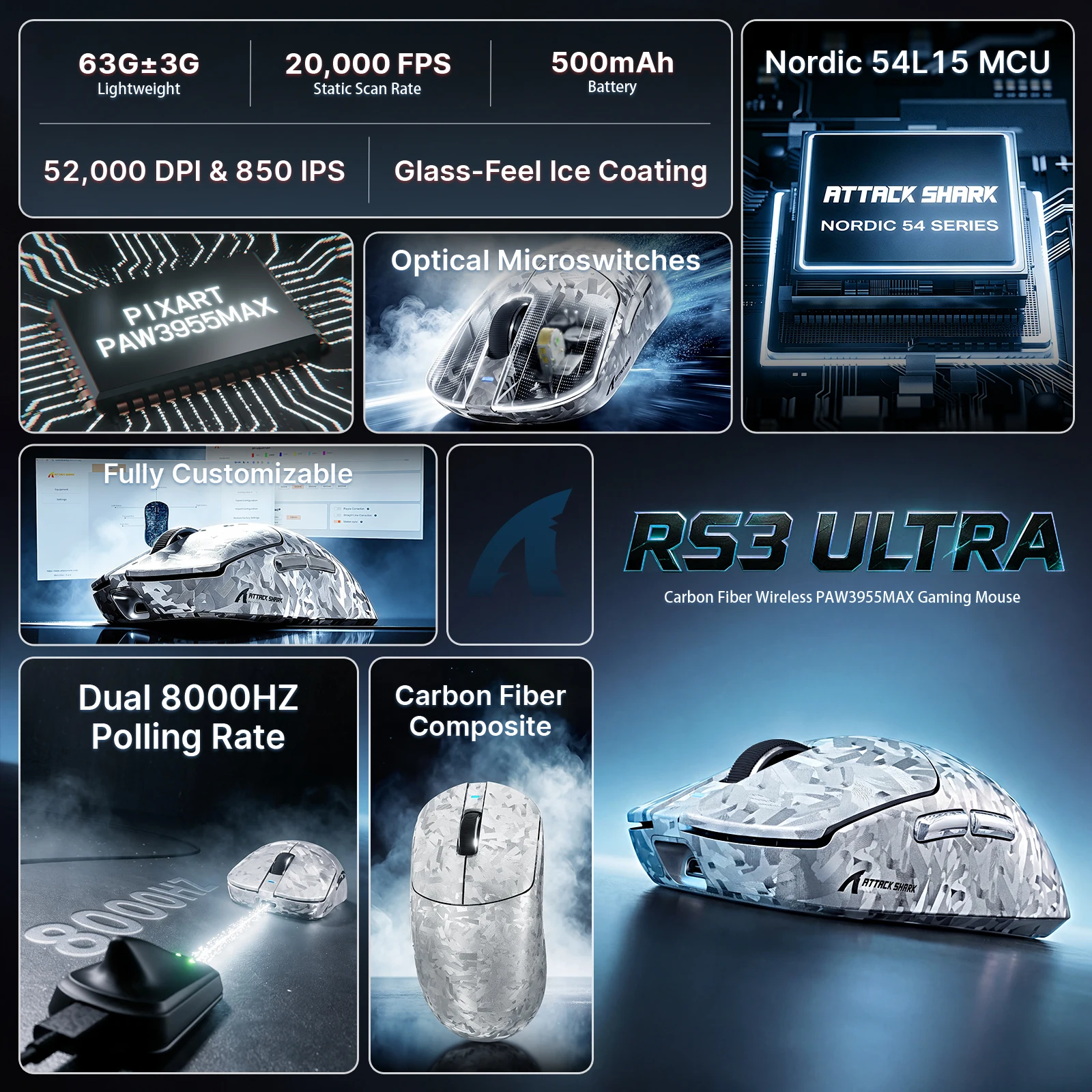 ATTACK SHARK RS3 ULTRA Carbon Fiber Wireless PAW3955MAX Gaming Mouse PAW3955MAX Sensor, Nordic 54L15 MCU, 52,000 DPI, 8000Hz Polling, 5 Levels LOD, Omron Optical Switches