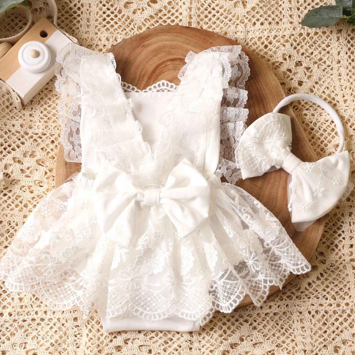 Ylsteed 2 Pieces Set Newborn White Lace Photography Outfits with Headband Baby Girl Back Bowknot Romper