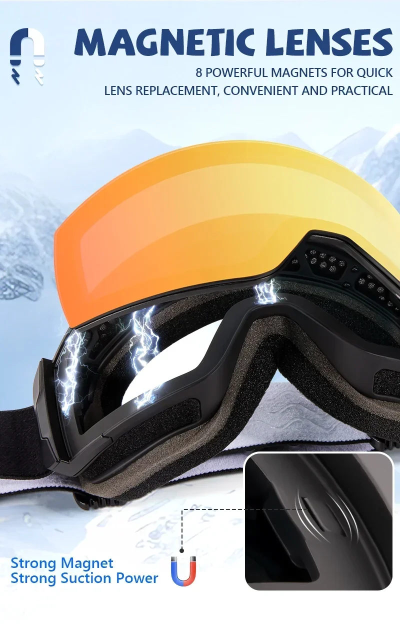Kapvoe Photochrome Skibrille, magnetische Antibeschlaggläser, UV400-Schutz, für Herren und Damen, Skibrille, Schnee-Sonnenbrille, Sportbrille – Detail 4