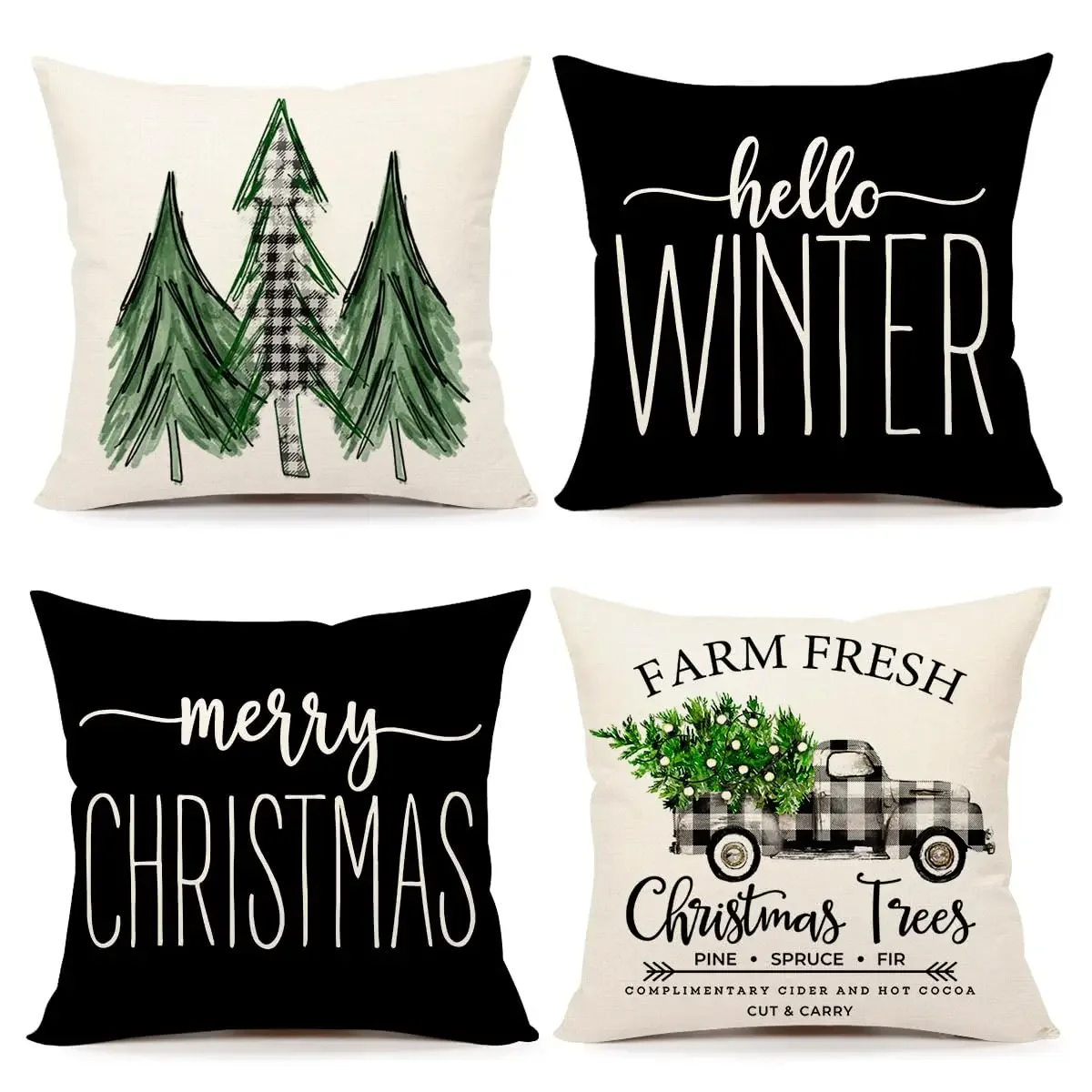 Christmas Pillow Covers Set of 4 Farmhouse Xmas Decorations Merry Christmas Tree Truck Hello Winter Holiday Decor Throw Case