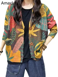 Amax luluE 2024 Korean Winter Fashion Floral Knitwear Womens Loose Warm Printed Sweaters Ladies Leisure V Neck Knitted Cardigans