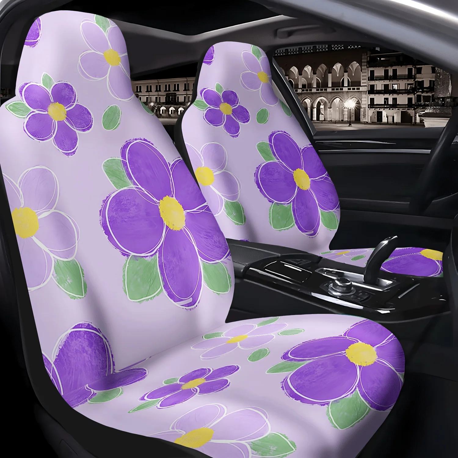 Set Of 2 Purple Floral Patterned Car Seat Covers, Cute Interior Additions For Front Seats, Suitable For Cars, Trucks, Vans, Suvs