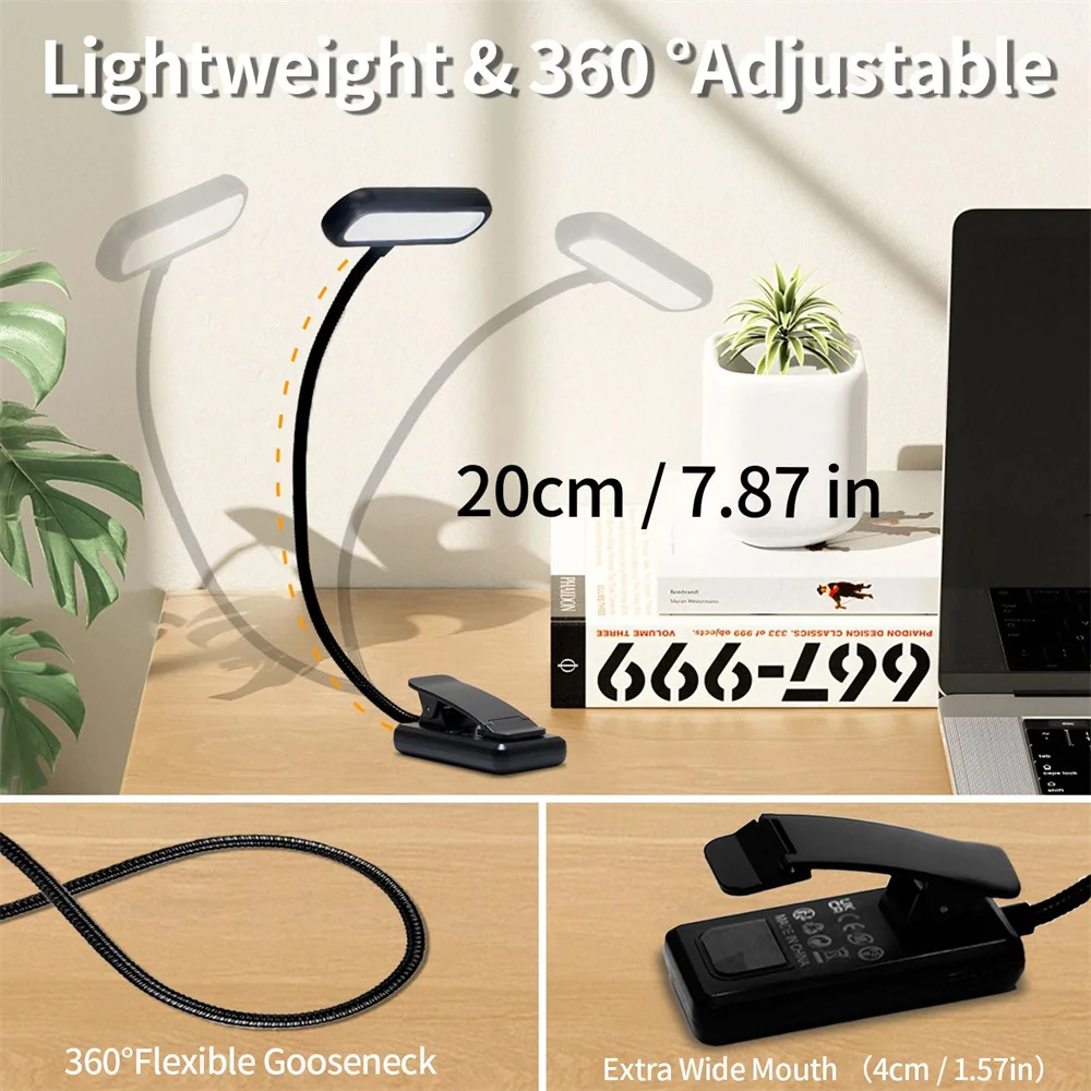 Rechargeable LED Clip-on Reading Light Adjustable Flexible Arm,3 Color Light for Nighttime Reading, Studying, Bedside Desk Work image 3