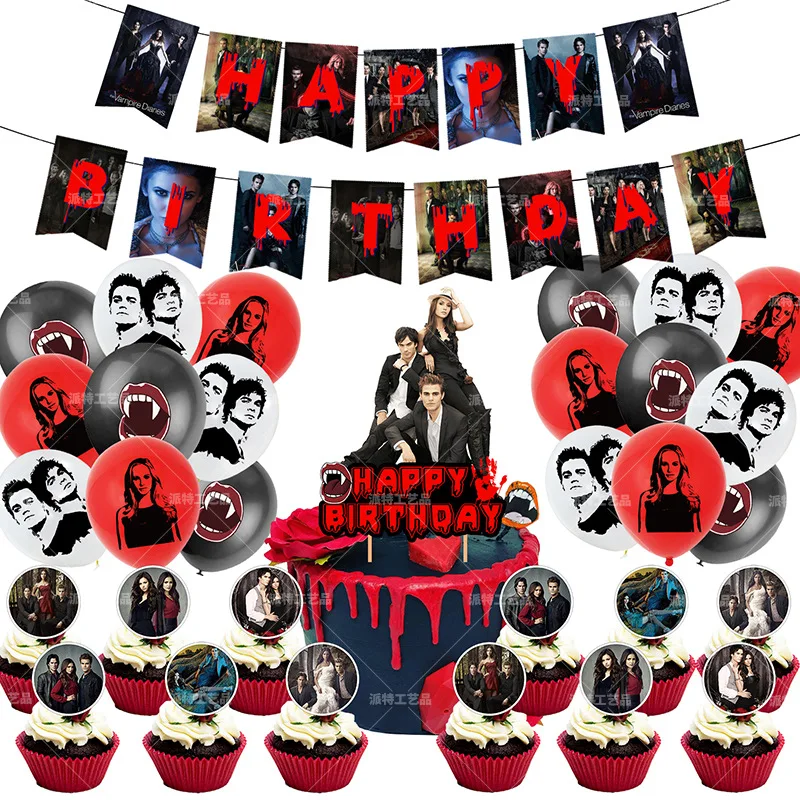 Movie The Vampire Diaries Theme Birthday Party Decoration Set Horrible Bloody Banners Balloons Cake Toppers Event Party Supplies