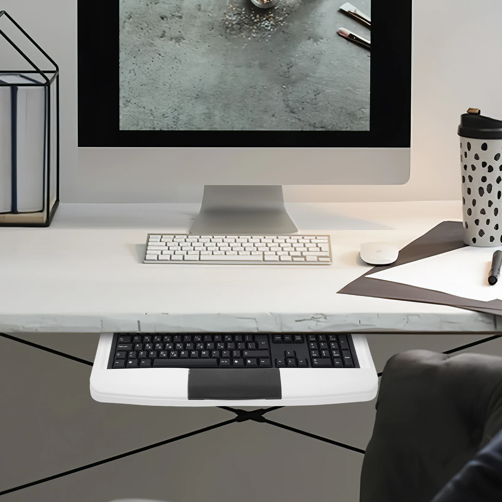 White Adjustable Under Desk Keyboard Tray,Hidden Drawer Storage with Rotating Mouse Tray, Slide Rail Not Included, Office/Home