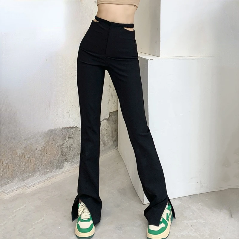 

New Fashion Hollow Out High Waist Slit Pants Women Spring Summer Long Pants Street Style Casual Female Black Trousres