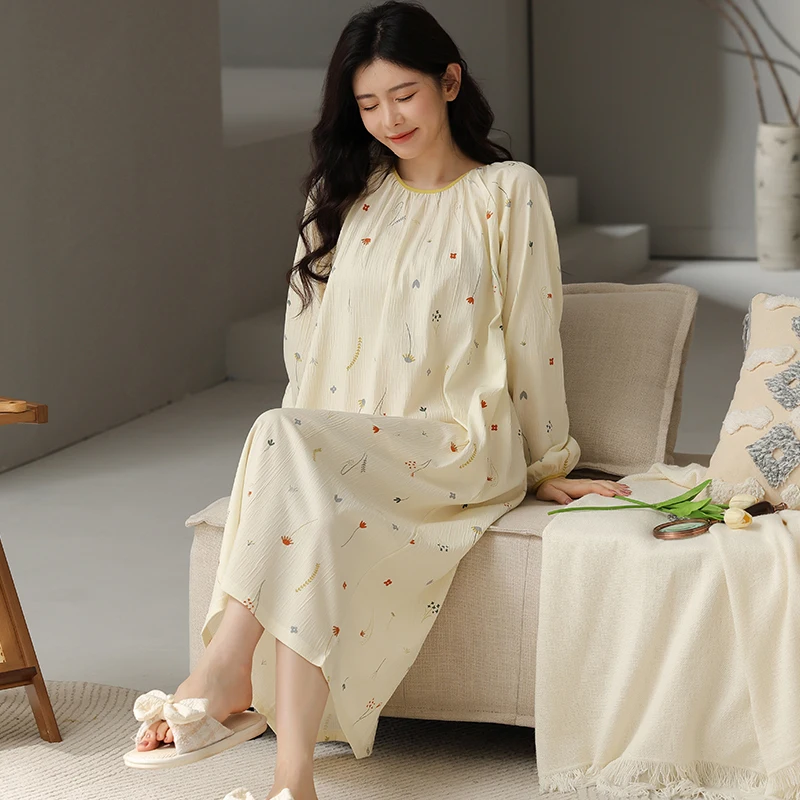 Women Sleepwear knited Cotton Dress Spring Sexy Nightgown Loose M-4XL Home Clothes Nightgown Long Sleeve Sleepshirts