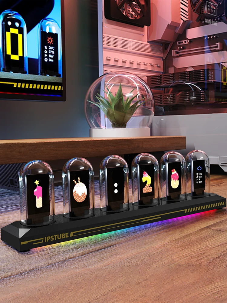 RGB Nixie-Röhren-Uhr mit IPS-Farbdisplay, Vollfarbige Neon-Glühröhre, Zeit-, Foto- und Wetteranzeige für Desktop-Dekoration