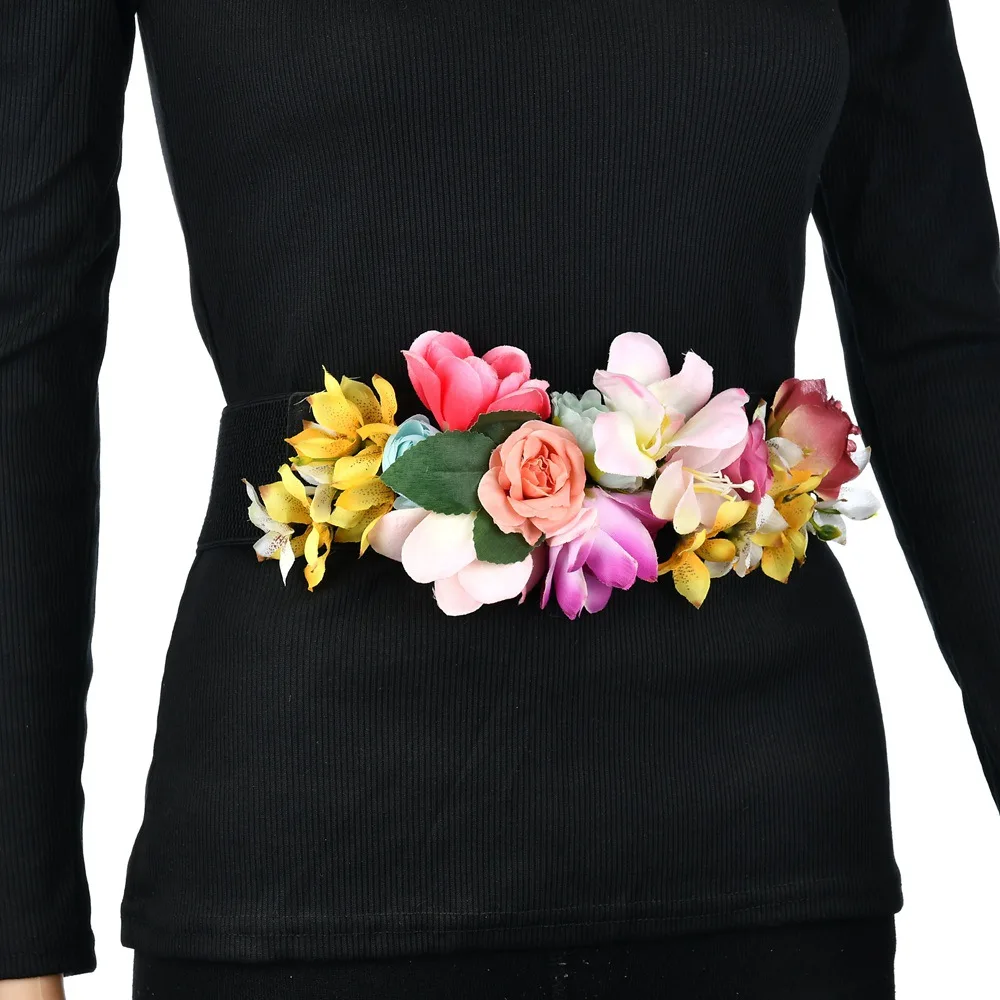 Ladies Imitation Flower Rose Elastic Wide Belt Holiday Clothing Accessories Bohemian Style Beach Resort Factory Wholesale Direct