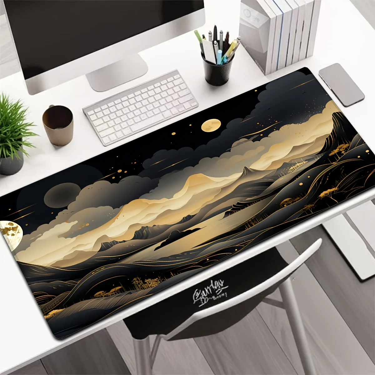 

Большой коврик для стола с абстрактным пейзажем в стиле «черное золото», нескользящий, резиновый, для игр и офиса