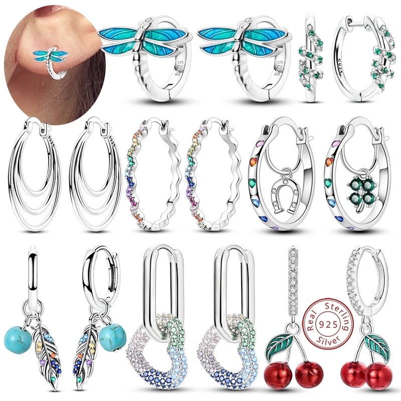 

Лидер продаж, серьги-кольца из стерлингового серебра 925 пробы, серьги-кольца в форме сердца стрекозы, вишни и бабочки для женщин и девочек, модные ювелирные изделия высокого качества, подарок