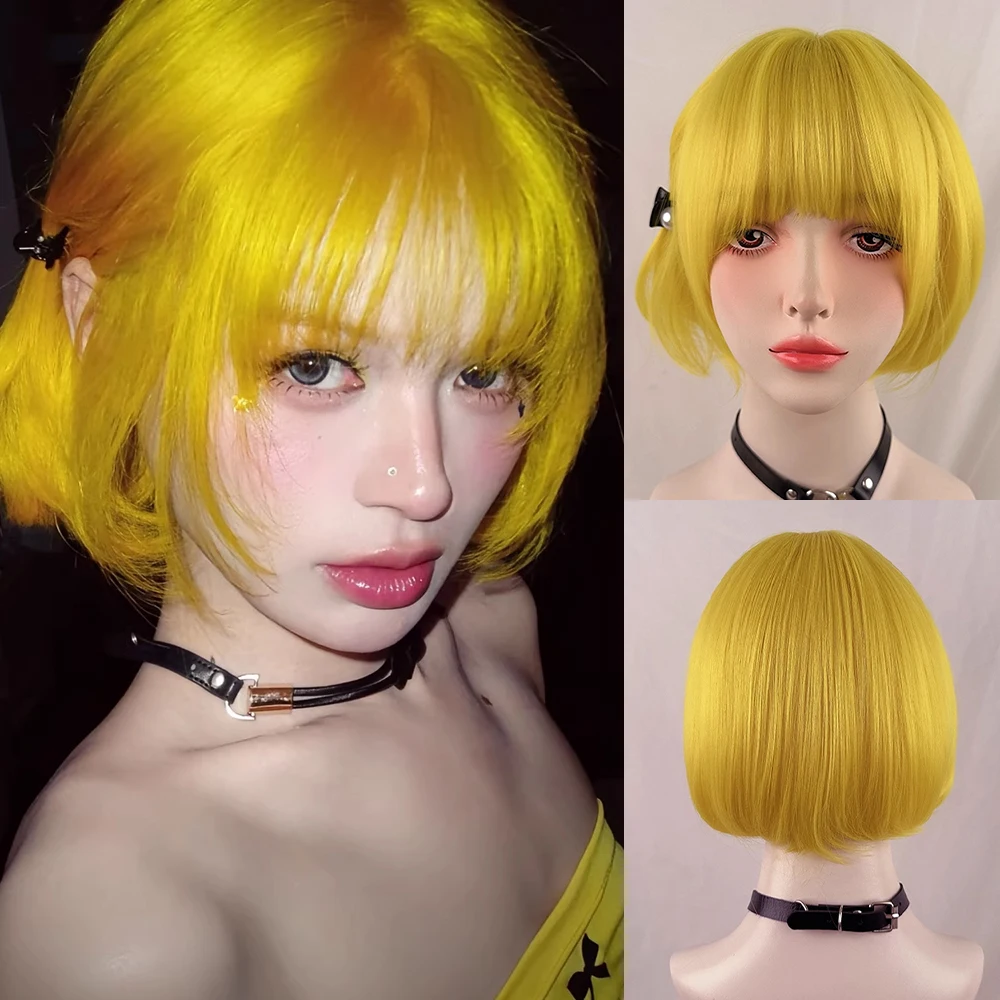 Bob Short Straight Synthetic Yellow Blonde Wigs with Bangs Fluffy Women Lolita Cosplay Wig for Daily Party
