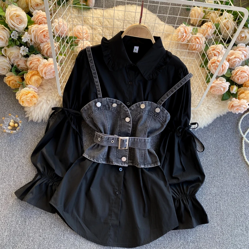 Conjunto de duas peças estilo retrô de Hong Kong: csa fena com design soltinho e manga bufante e colete jeans tipo ...