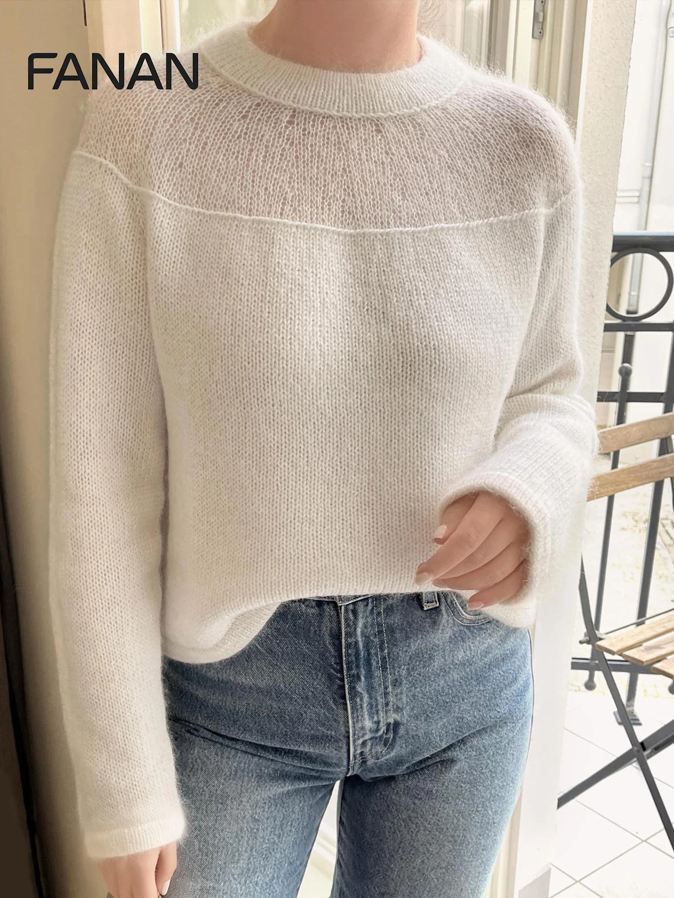 

New Autumn/Spring/Summer Women's Cardigan Sweater Pullover, White Openwork Fitted Round Neck Knit Top, Casual yet Elegant, Versatile