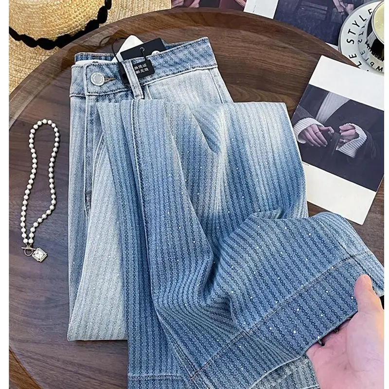 

Retro high waist wide leg jeans women's 2025 new blue loose hot diamond narrow version straight pants