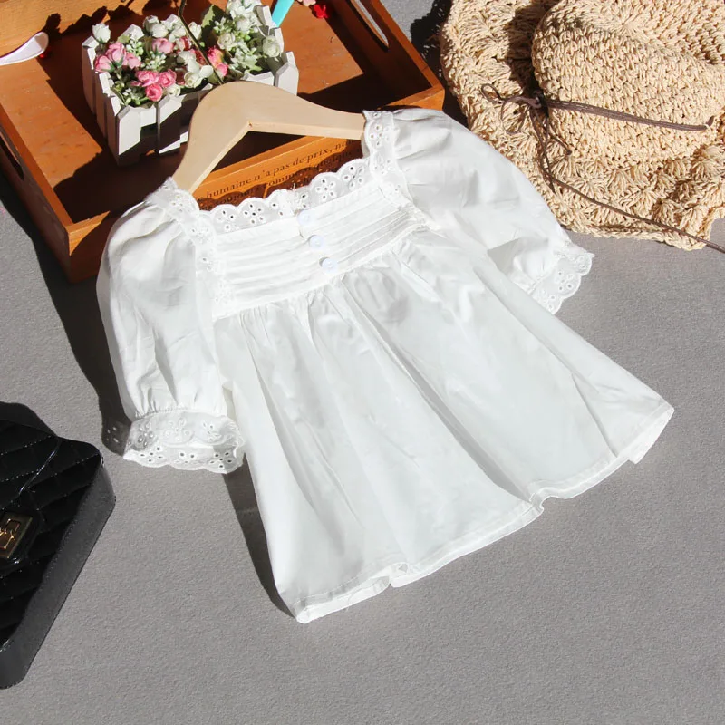 Summer White Blouse for Big Girls Cotton Lace Short Sleeve Tops Children\'s Square Collar Pure Color Tshirts 6 8 10 14 15 Years