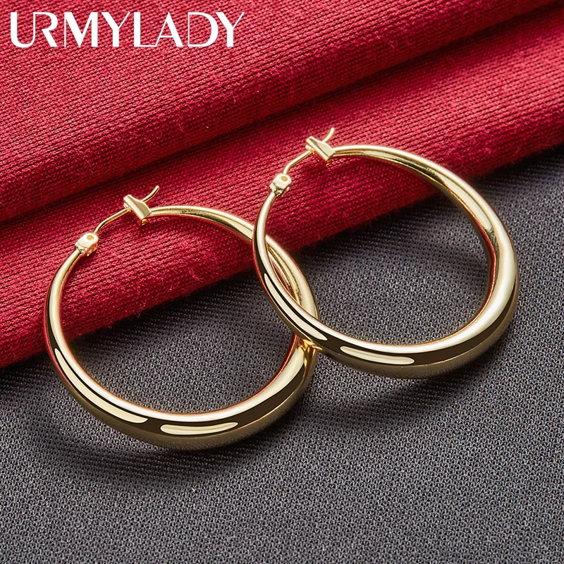 URMYLADY Smooth Round Moon Hoop Earrings 925 Sterling Silver For Women Charm Wedding Engagement Fashion Party Jewelry
