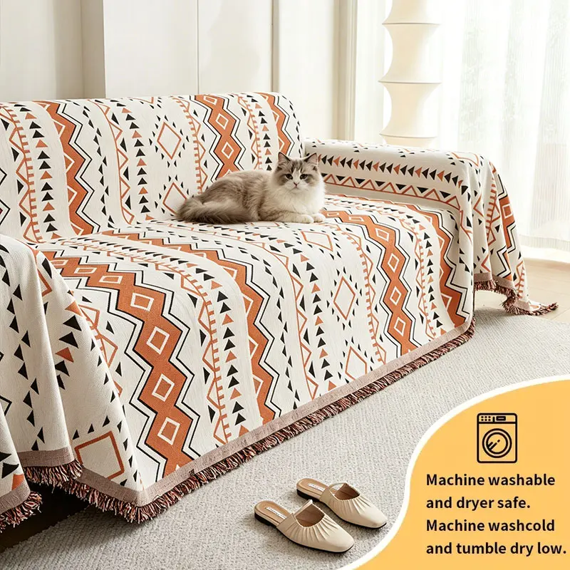 1PC-Classic grid patterned sofa towel, pet friendly dust-proof sofa cover, can enhance the ethnic charm of the space