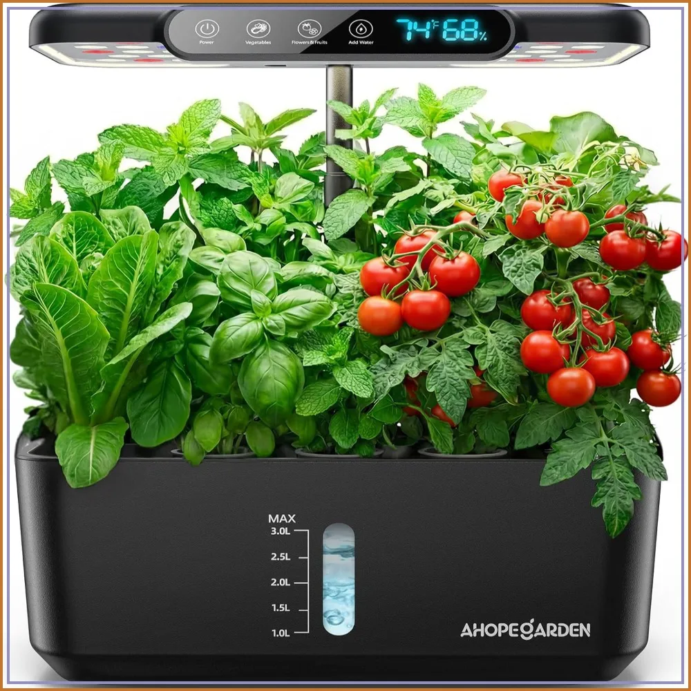

10-Pod Indoor Hydroponics Growing System with LED Grow Light, Smart Temp & Humidity Display, Adjustable Height, Auto Timer, Low Water Alarm, Complete Starter Kit for Home Kitchen