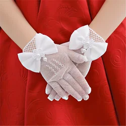 New Children's Mesh Bow Lace Pearl Fishing Net Gloves Children's Fashion Elegant High Elastic Short Gloves Party Gloves