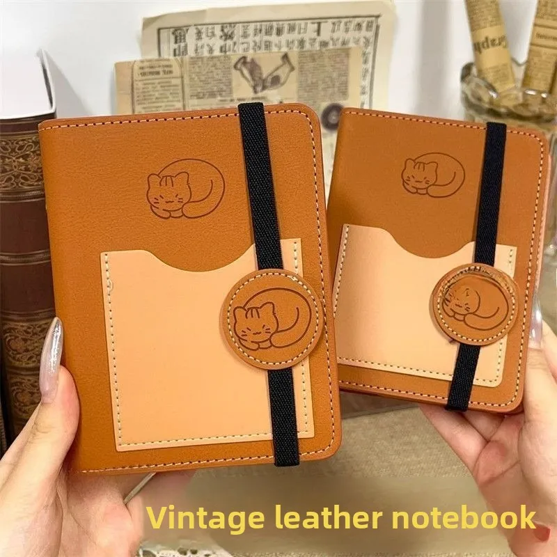 Premium Brown Cat Pattern A7 Leather Journal DIY Study Planner Notebook for Students Daily Scheduling & Personal Diary Writing