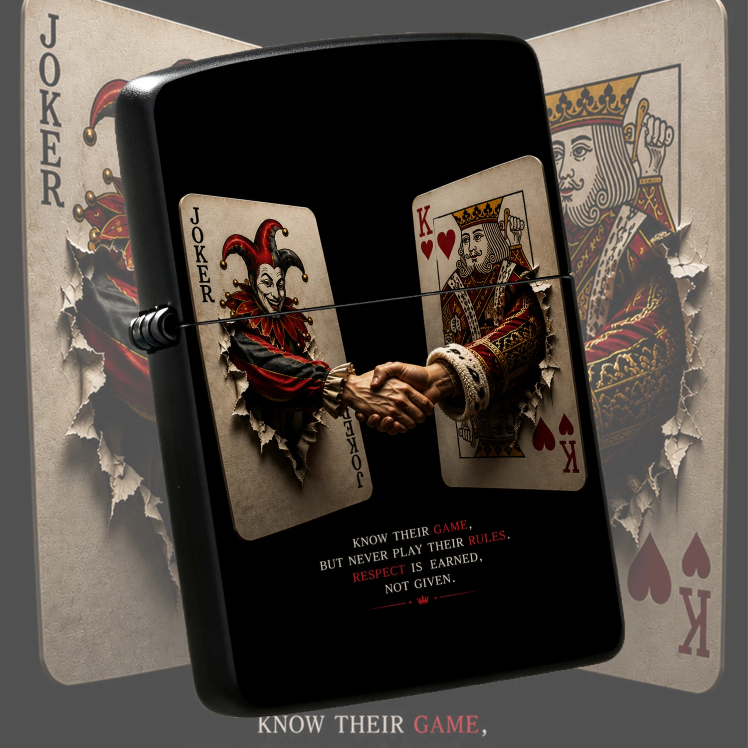 Vintage Playing Card Themed Creative And King Of Hearts Handshake Design Inspirational Slogan Cool Unique Portable Windproof Durable Ideal Gift For Daily Use Gifting For Poker Enthusiasts A Fun And Humorous Lighter