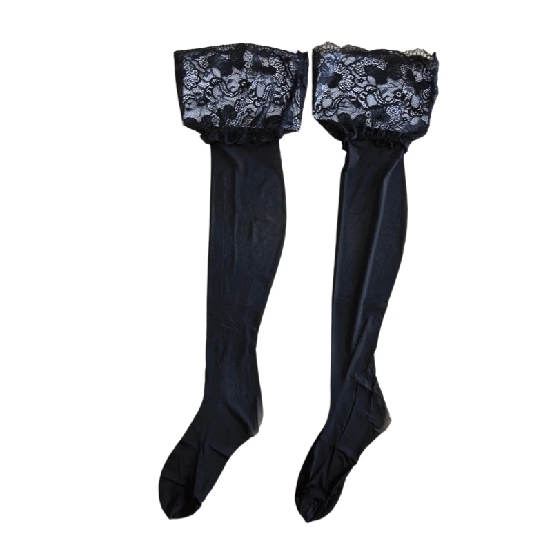 Lovely Butterfly Floral Lace Patchwork Thigh High Stockings With Anti-slip Silicone Women Sexy Oil Shiny Pole Dance Clubwear