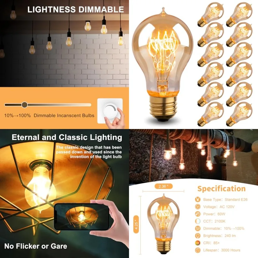 

Warm Incandescent Light Bulbs 60 Watt, A19/A60 Vintage Style Edison Bulbs E26, Soft Yellow Light Bulbs, Amber Bulbs, Retro Ligh