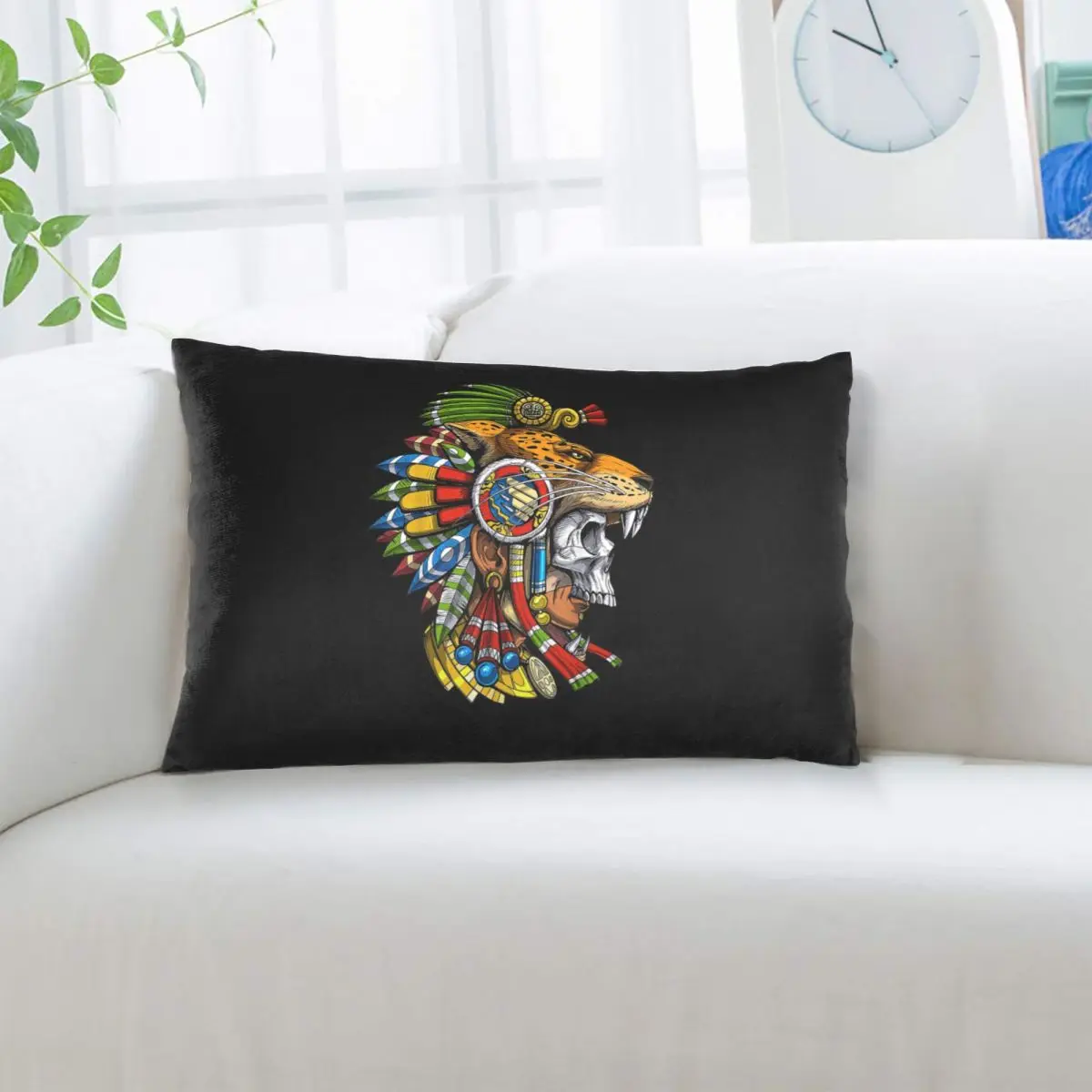 Aztec Skull Jaguar Warrior Mask Mayan Mythology Aztec Mask Rectangle Pillowcase Cushion Cover Bedroom Bed Home Throw Pillow