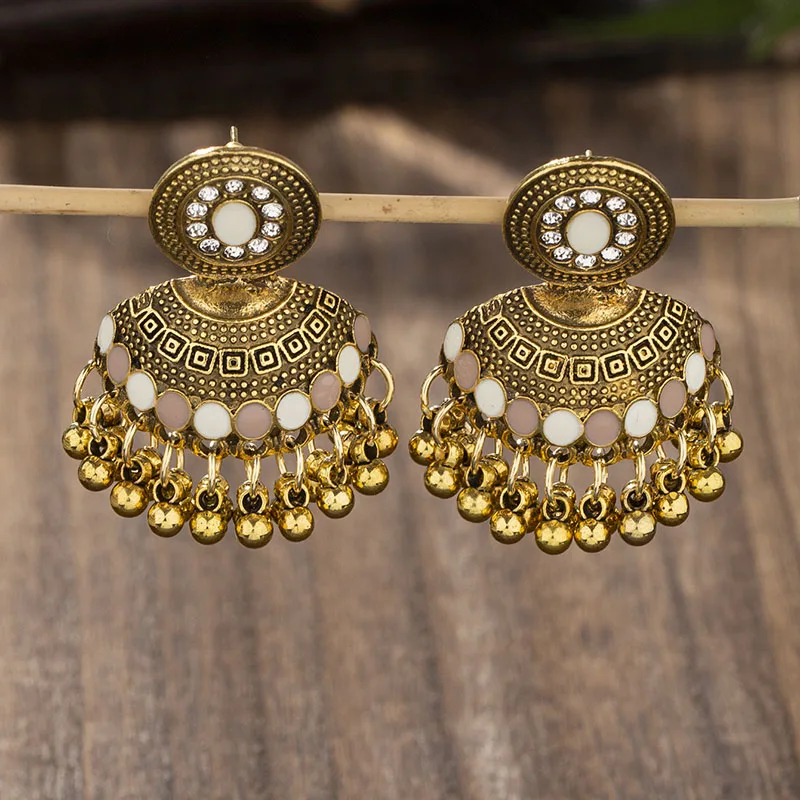 Indian Jhumka Bohemian Tassel Bell Water Drop Rhinestone Earrings for Women Retro Vintage Ethnic Temperament Ladies Earrings