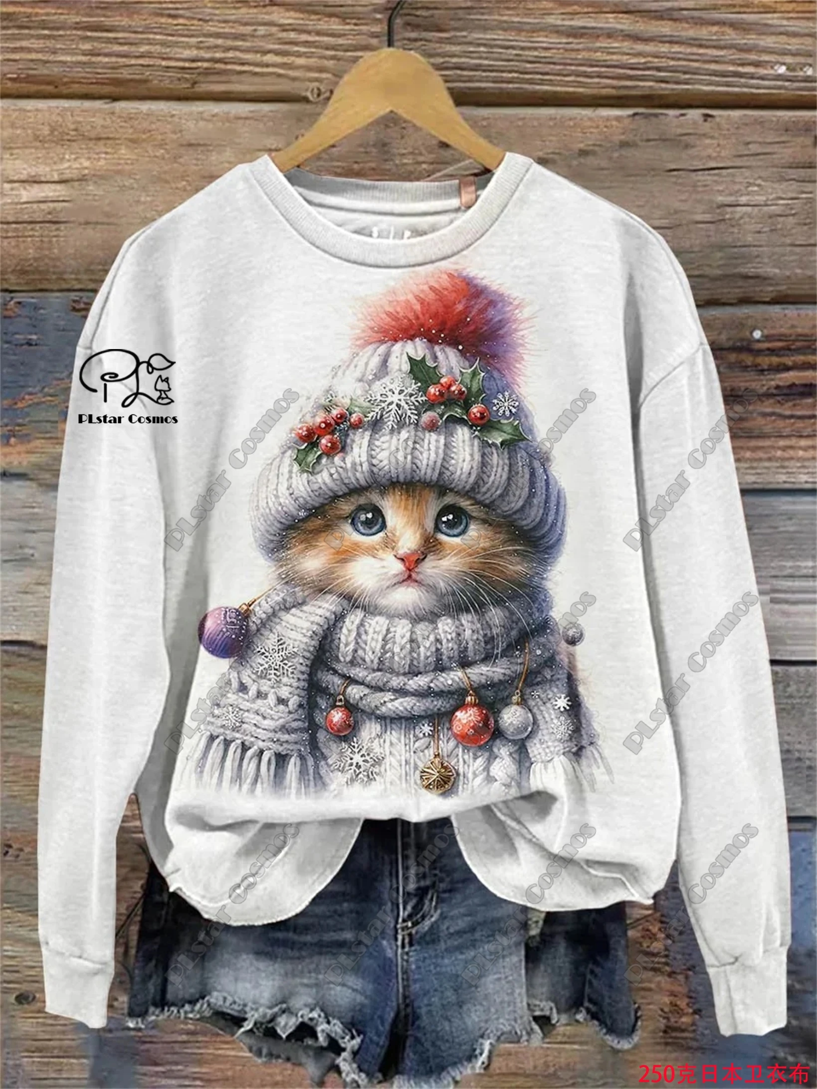 PLstar Cosmos 3D printed animal series cute cat pattern printed women's round neck long-sleeved casual top new model M-8