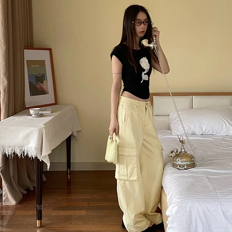 Jean longueur cheville droit coupe ample femmes Cargo pantalon Vintage solide poches Denim épissé lavé 2025 été haute rue