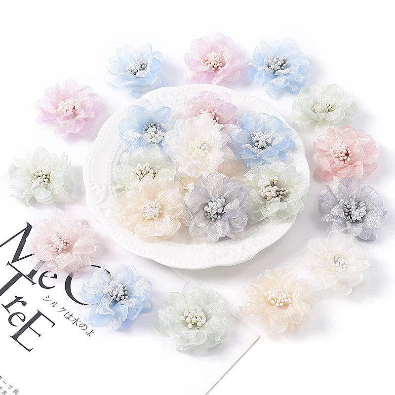 5Pcs Chiffon Artificial Flowers Head Fabric Applique Dress Sewing Supplies Patches Accessories For Kids Girls Hairpin Decoration