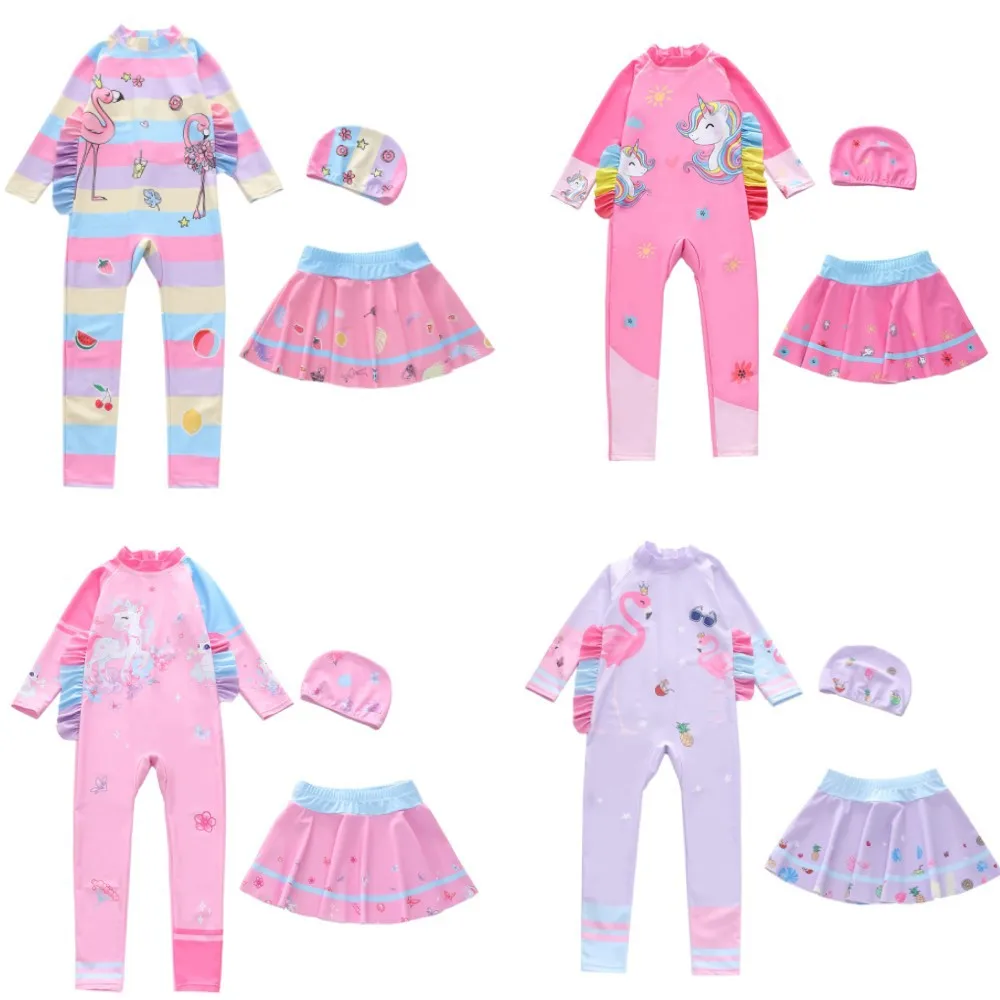 

HappyFlute New 3 Piece Set Unicorn Prints Design Long Sleeve With Dress Sunscreen &Quick Dry Swimsuit