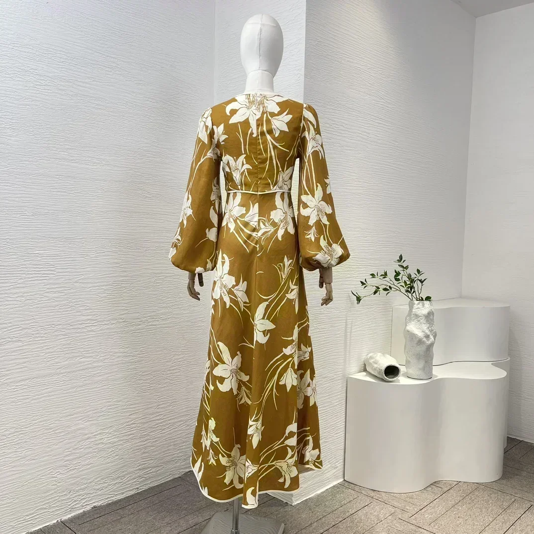 2024 New Arrivial High Quality Vintage 3/4 Sleeve Linen Floral Midi Dress with Belt Women Holiday Beach Style