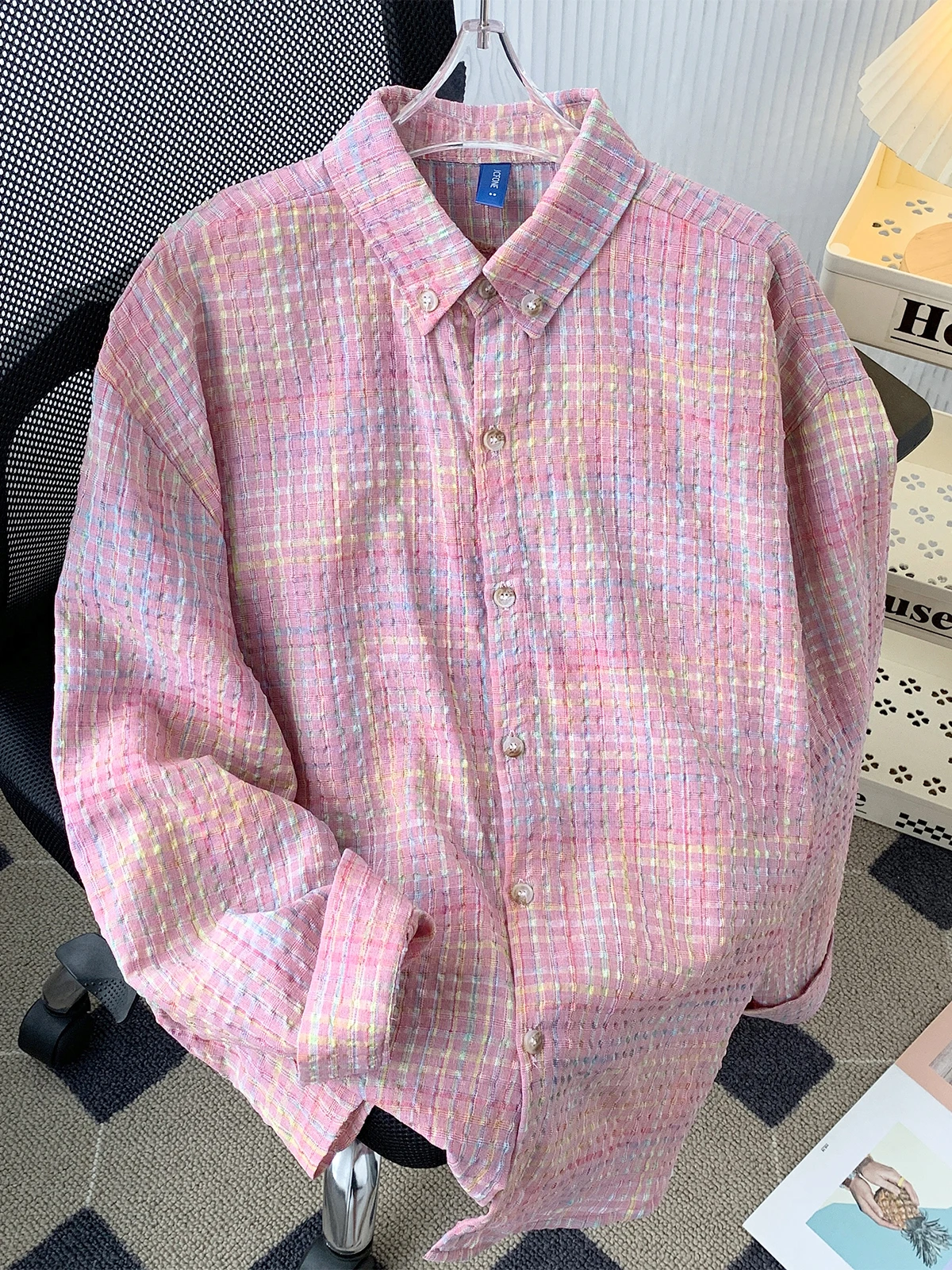

Premium Pink Long Sve irt Thin Spring Summer New Sle Men's Cheered Collared Outerwear Casual Loose Fit Youth Trend