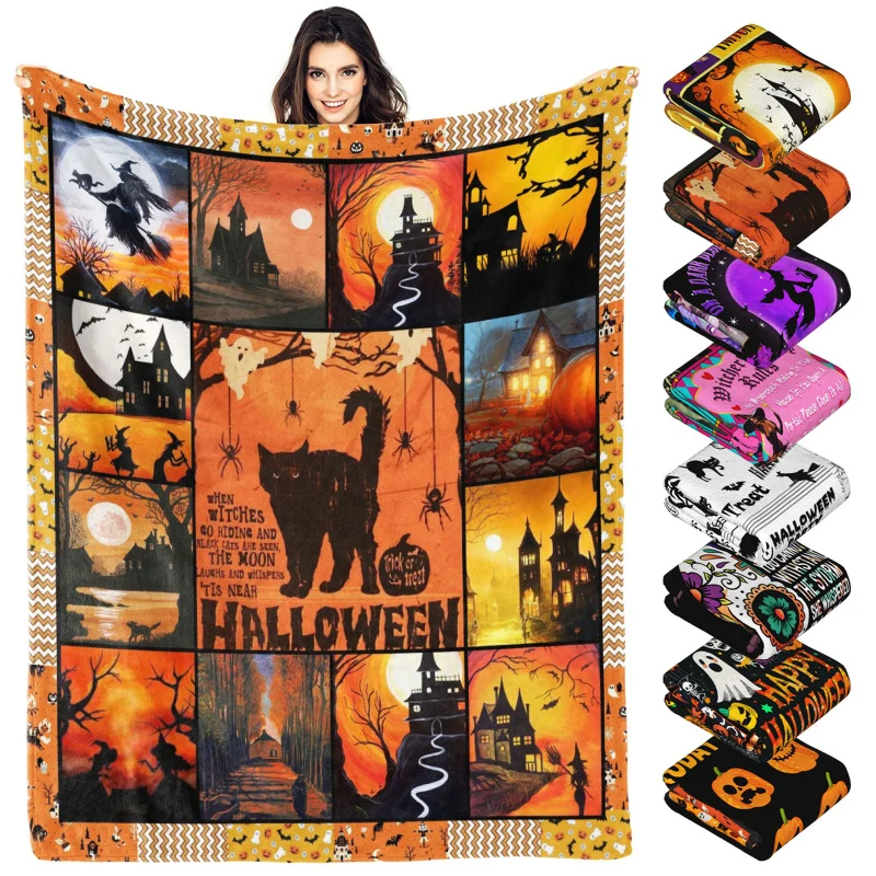 

Halloween throw blanket gifts for adults kids black cat witch soft flannel blanked for bed couch decorative