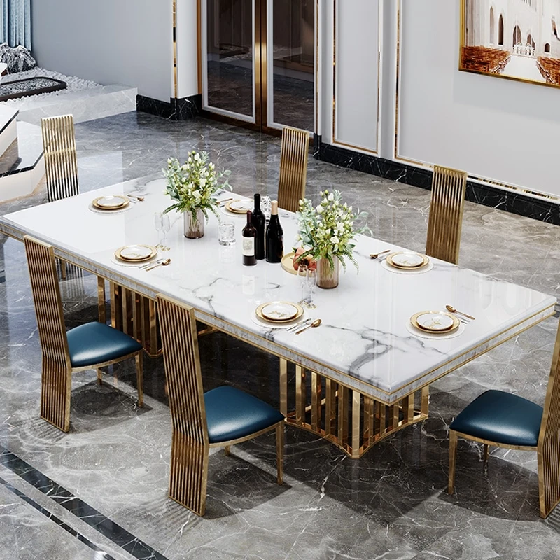 

Современная мебель для столовой: обеденные столы и стулья в античном стиле, из нержавеющей стали и мрамора, с квадратным основанием.
