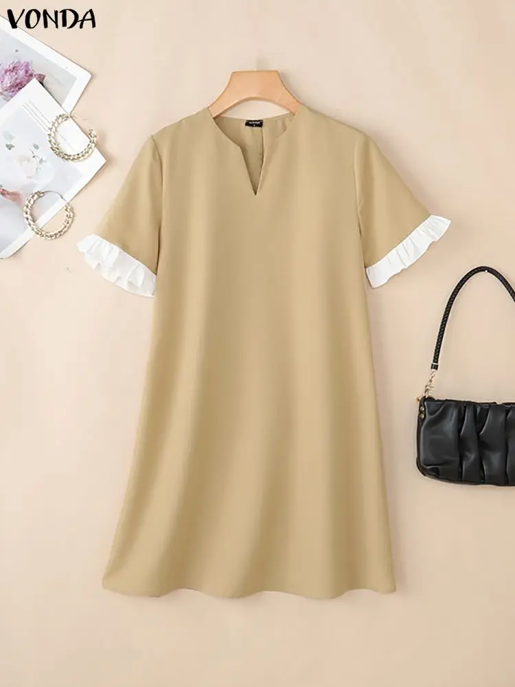VONDA 우아한 솔리드 드레스 여성 여름 Sundress 패치 워크 패션 짧은 소매 v 넥 프릴 캐주얼 루즈 파티 베스 티드 로브