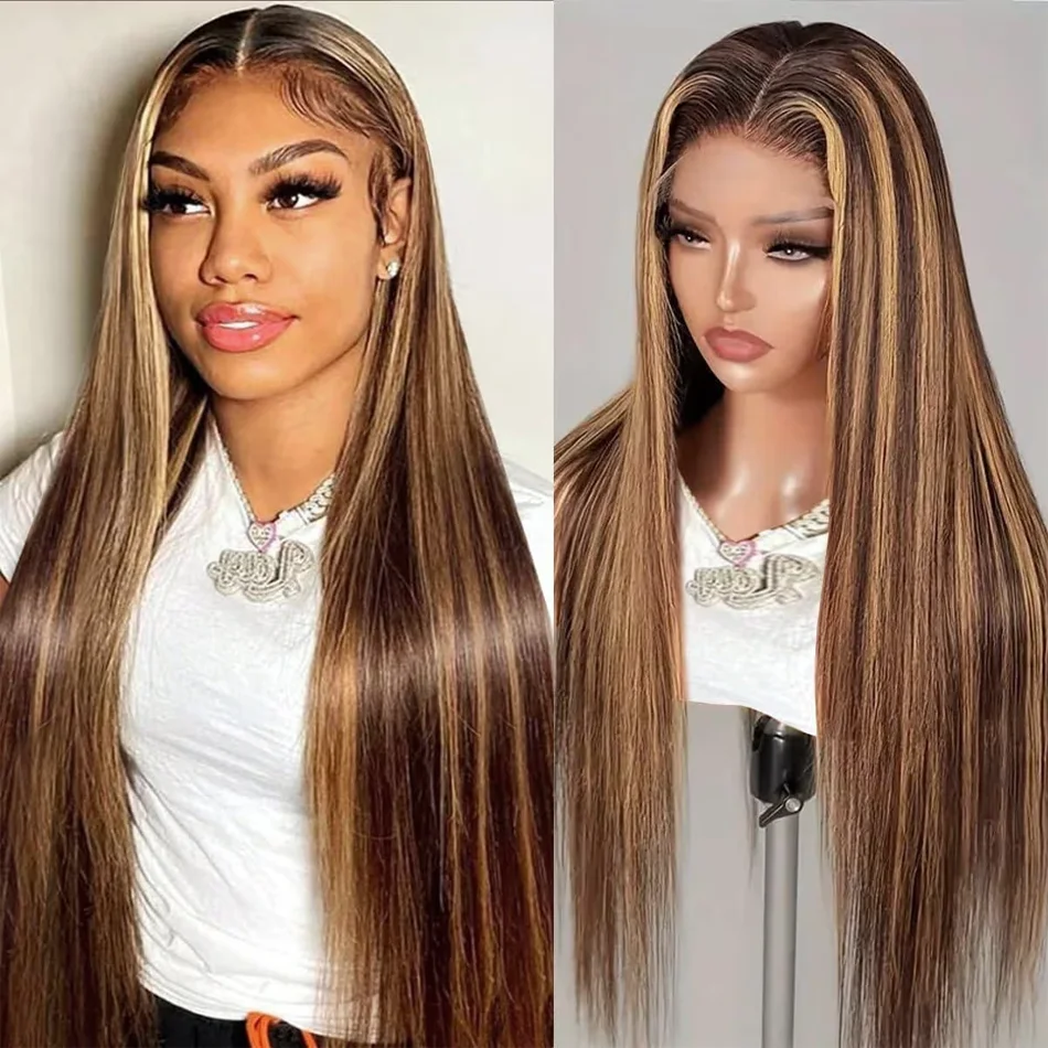 

Накладные прямые парики из натуральных волос 13x4 HD Lace Frontal, цвет P4/27, бразильский омбре, медово-русый оттенок, для женщин.