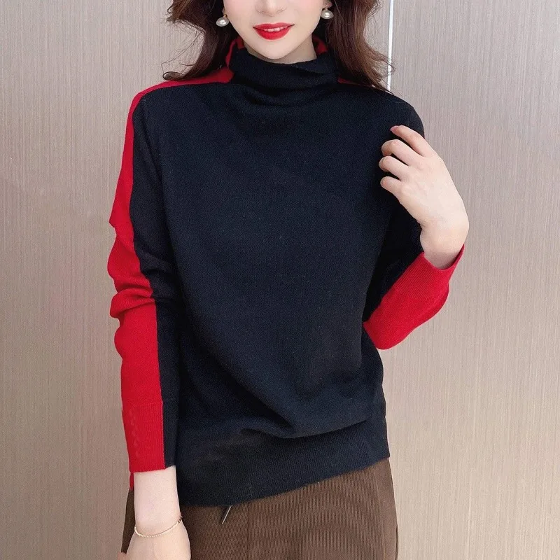 Women\'s Fashion High Collar Bottom Sweater Female Autumn and Winter Korean Loose Pullover Long Sleeve Patchwork Casual Knit Tops