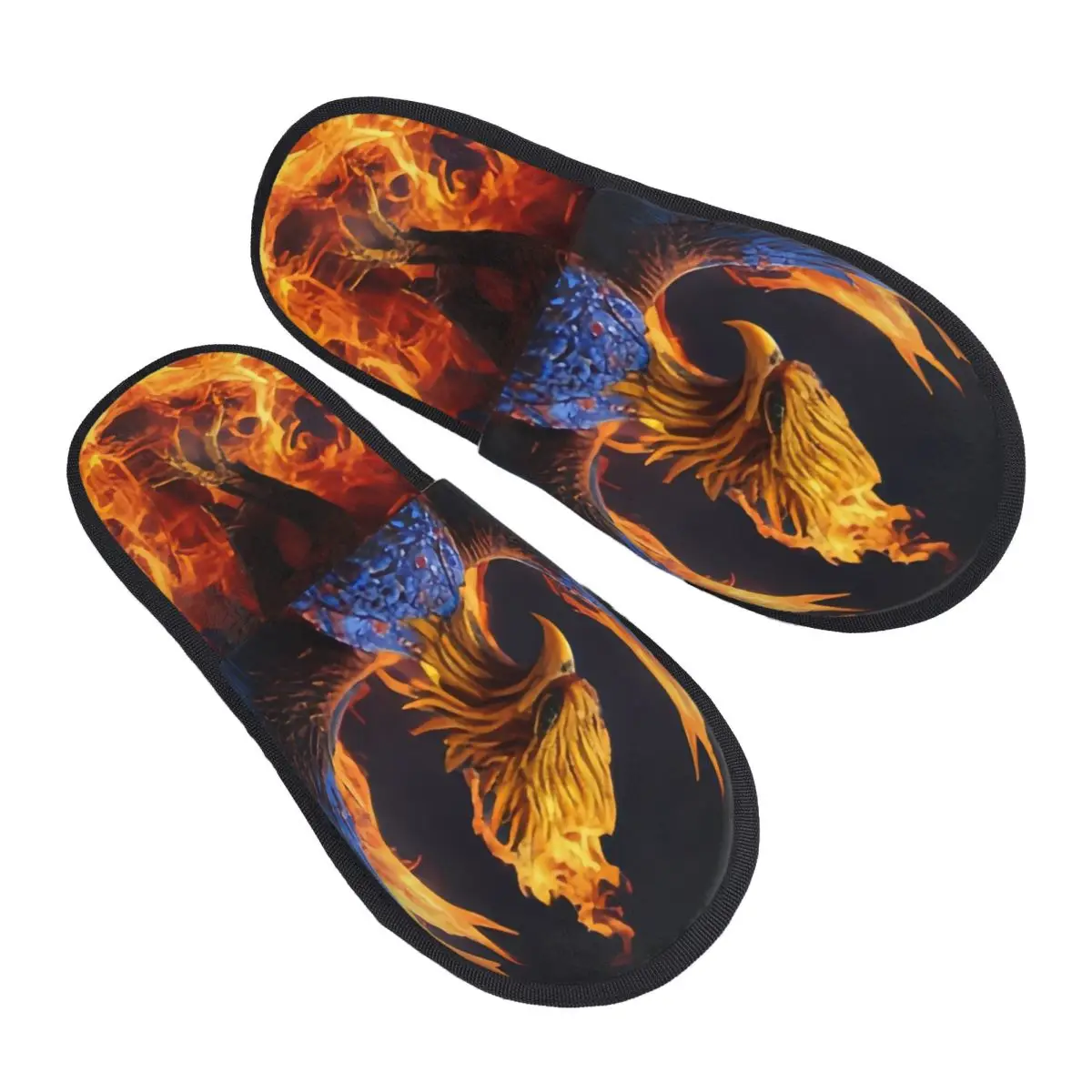 

Winter Women Men Non-Slip Flat Slippers Bird With Fire Flames Indoor Fur Soft Warm Shoes