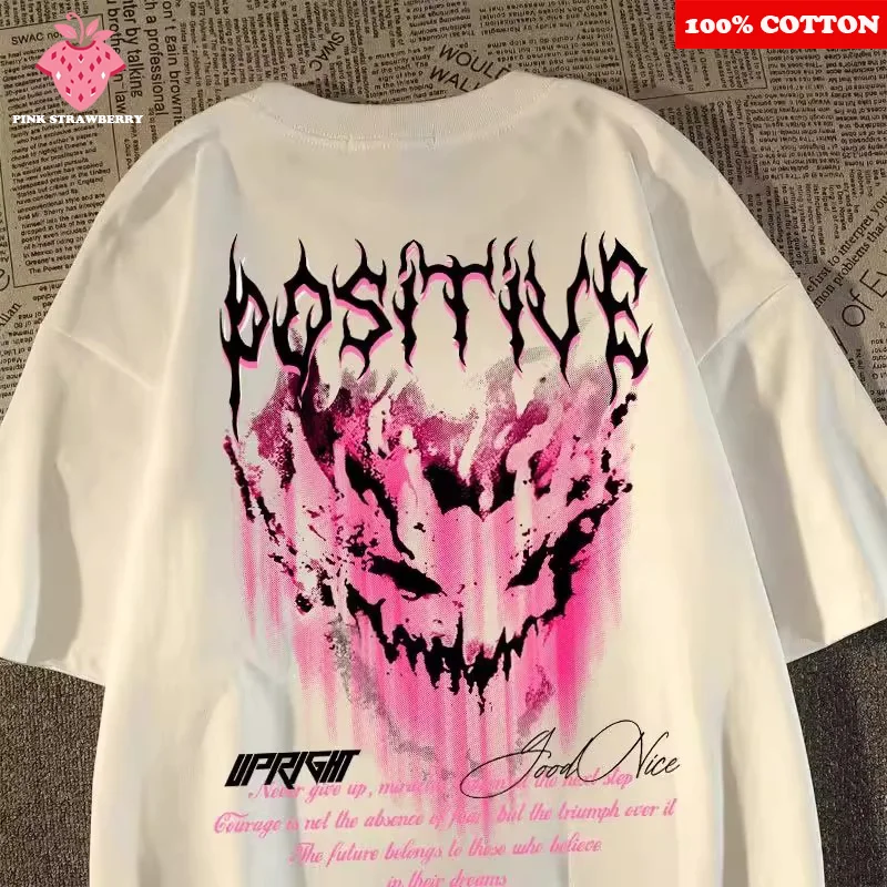 

American HipHop Street Devil Print T-shirt Man Women Summer 100% Cotton Short Sleeve Tee Loose Casual Y2k Top Youth Man clothing
