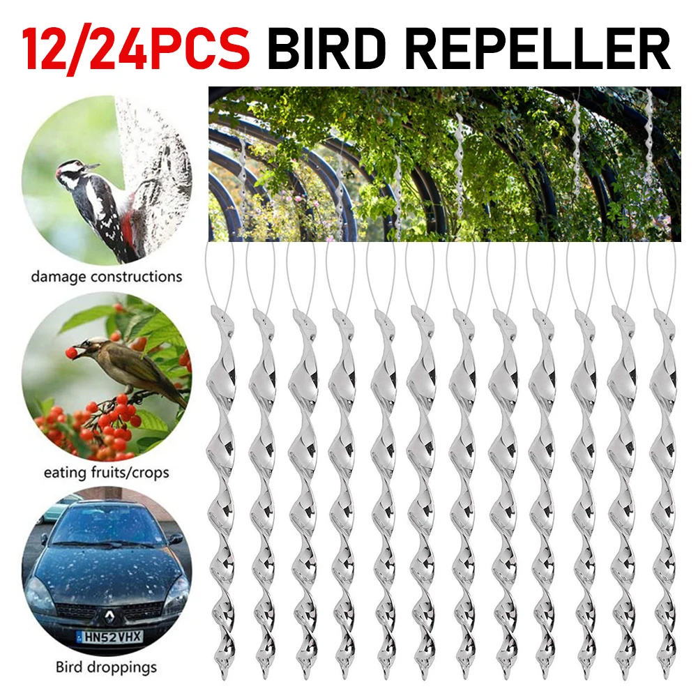 12/24Pcs Rotating Rod Bird Repeller Wind Reflective Spiral Deterrent Control Device Agricultural Scare Bird Garden Ornaments