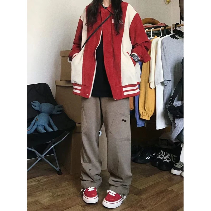 MEXZT Harajuku Baseball Jacket Women Corduroy Patchwork Bomber Jackets Streetwear Oversized Striped Outerwear Vintage Coats New