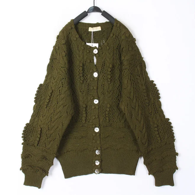 

Винтажный осенне-зимний вязаный шерстяной свитер ручной работы для женщин, кардиган с ажурным узором, длинными рукавами и круглым вырезом горловины.