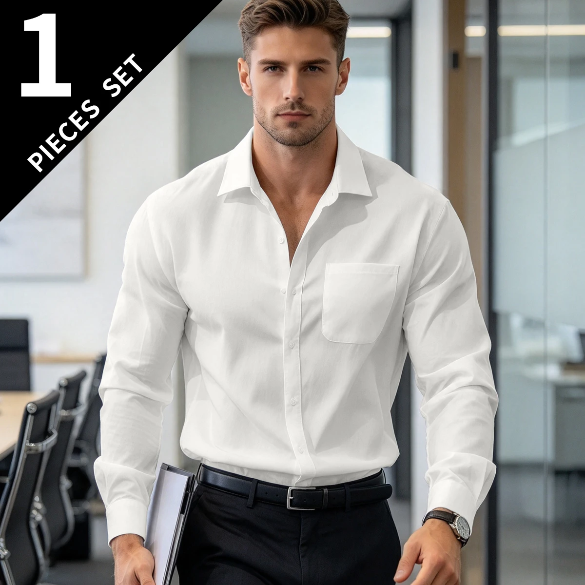 1-pcs Men's Spring And Autumn Shirt Solid Color Basic Fashion Collar Button Top Comfortable Moisture Absorbing Multi Functional
