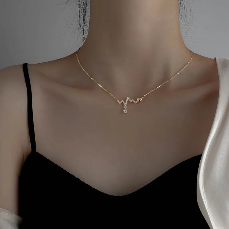 Korean Zircon ECG Pendant Necklace for Women Fashion Heart Choker Clavicle Chain Wedding Party Jewelry Birthday Gifts Wholesale